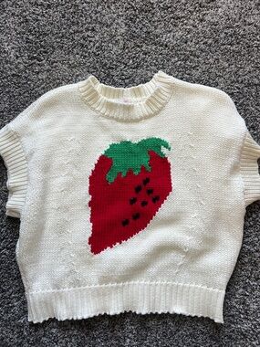 Maeve Cream Crewneck Sweater with Red Strawberry Graphic